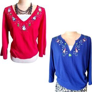 White Stag 2 Christmas Embroidered Qrtr Sleeve Tops Lot Plussize 4X